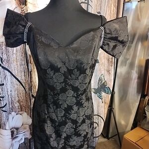 Roberta Bridal Black Floral One-Shoulder Evening Dress